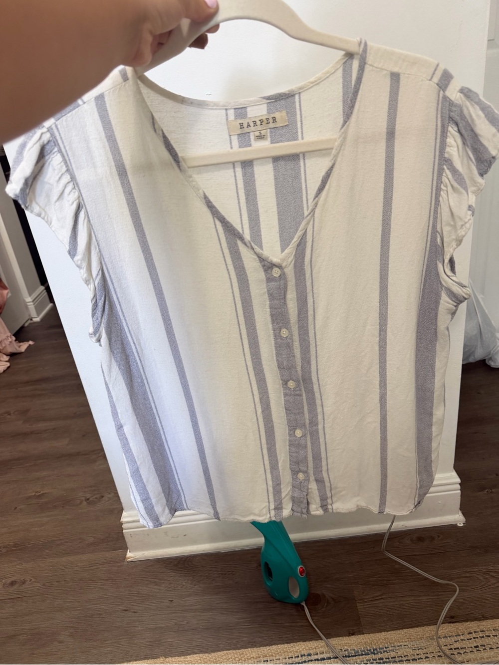 Harper White and Light Blue Striped Button-Front Blouse